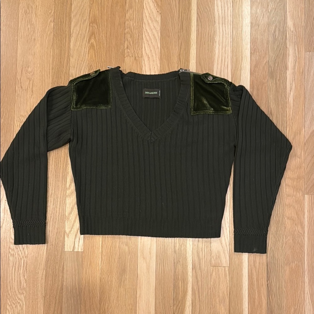 Zadig & Voltaire Forest/Dark Green Ribbed Sweater with Velvet Accents